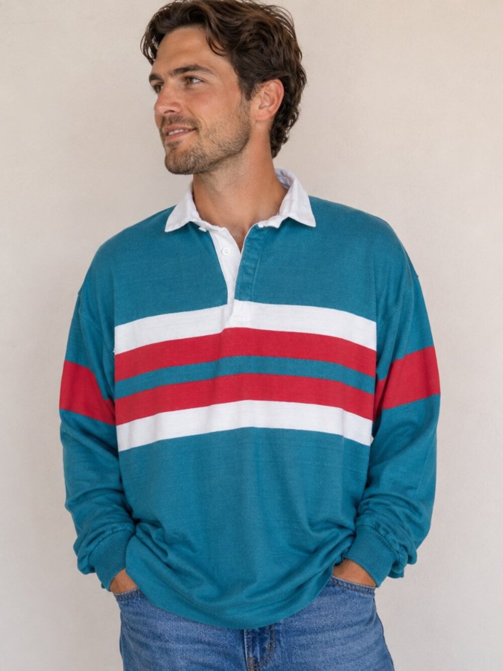 Vintage Lands End Rugby Shirt Mens XL Heavy Cotton Long Sleeve 80s Made in USA